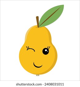 Pear with kawaii eyes. Flat vector illustration of a yellow smiling pear with green leaf.Funny cartoon character for agriculture or food design.