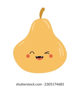 Pear with kawaii face cute cartoon character illustration. Hand drawn style flat design, isolated vector. Kids print element, healthy, seasonal food, farm, harvest, summer, autumn