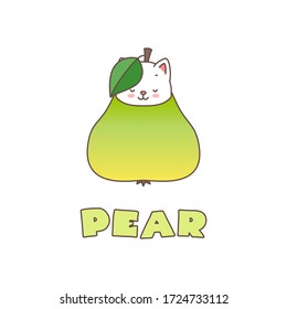 Pear. Kawaii illustration of a little white kitten sitting in a green pear. Vector 8 EPS.
