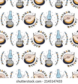 Pear and Kerosene lamp. Seamless pattern on a white background. Cute vector illustration.