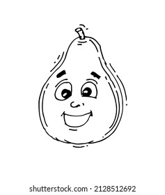 Pear laughs. Funny Face. Cheerful drawing of fruit. Hand drawing outline. Sketch Isolated on white background. Vector.