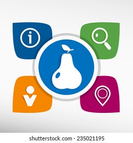 Pear with leaf and icons set vector illustration. Modern Flat style 