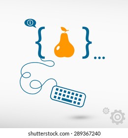 Pear with leaf sign icon and flat design elements. Design concept icons for application development, web design, creative process, social media, seo, web page coding and programming.