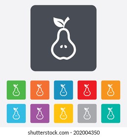 Pear with leaf sign icon. Fruit with seeds symbol. Rounded squares 11 buttons. Vector
