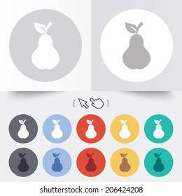 Pear with leaf sign icon. Fruit symbol. Round 12 circle buttons. Shadow. Hand cursor pointer. Vector