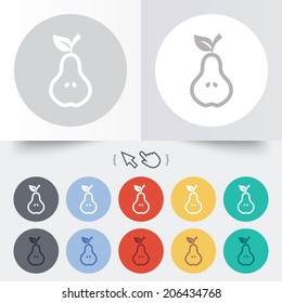 Pear with leaf sign icon. Fruit with seeds symbol. Round 12 circle buttons. Shadow. Hand cursor pointer. Vector
