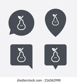 Pear with leaf sign icon. Fruit with seeds symbol. Map pointers information buttons. Speech bubbles with icons. Vector