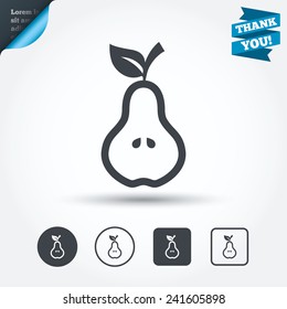 Pear with leaf sign icon. Fruit with seeds symbol. Circle and square buttons. Flat design set. Thank you ribbon. Vector