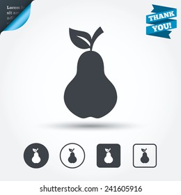 Pear with leaf sign icon. Fruit symbol. Circle and square buttons. Flat design set. Thank you ribbon. Vector