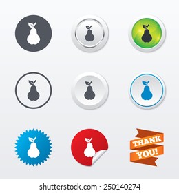 Pear with leaf sign icon. Fruit symbol. Circle concept buttons. Metal edging. Star and label sticker. Vector
