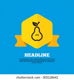 Pear with leaf sign icon. Fruit with seeds symbol. Yellow label tag. Circles seamless pattern on back. Vector
