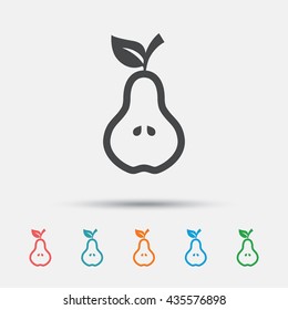 Pear with leaf sign icon. Fruit with seeds symbol. Graphic element on white background. Colour clean flat pear icons. Vector