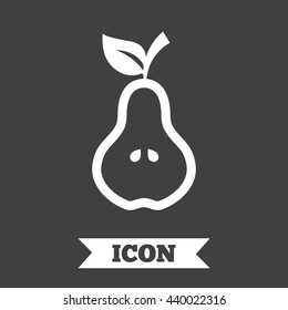 Pear with leaf sign icon. Fruit with seeds symbol. Graphic design element. Flat pear symbol on dark background. Vector