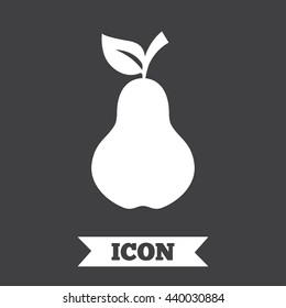 Pear with leaf sign icon. Fruit symbol. Graphic design element. Flat pear symbol on dark background. Vector
