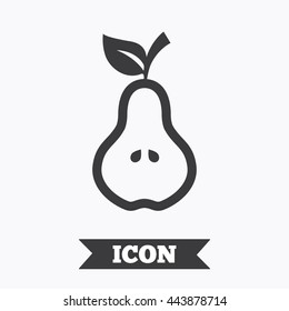 Pear with leaf sign icon. Fruit with seeds symbol. Graphic design element. Flat pear symbol on white background. Vector
