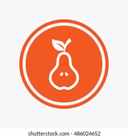 Pear with leaf sign icon. Fruit with seeds symbol. Graphic design element. Flat pear symbol on the round button. Vector