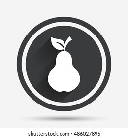 Pear with leaf sign icon. Fruit symbol. Circle flat button with shadow and border. Vector