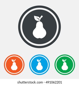 Pear with leaf sign icon. Fruit symbol. Graphic design web element. Flat pear symbol on the round button. Vector