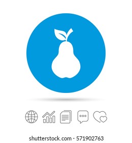 Pear with leaf sign icon. Fruit symbol. Copy files, chat speech bubble and chart web icons. Vector