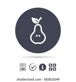 Pear with leaf sign icon. Fruit with seeds symbol. Report document, information and check tick icons. Currency exchange. Vector