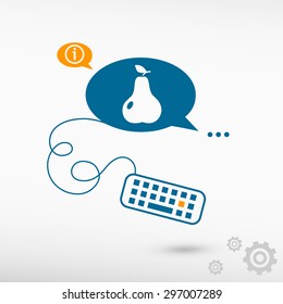 Pear with leaf sign icon and keyboard on chat speech bubbles. Line icons for application and creative process.