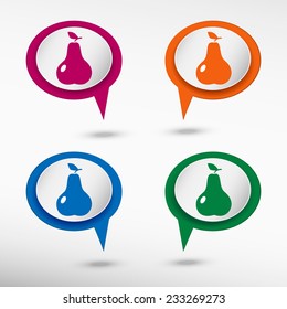 Pear with leaf sign icon on colorful chat speech bubbles 