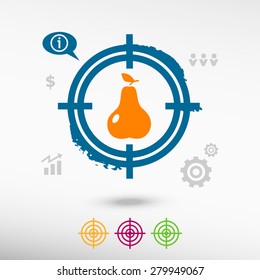 Pear with leaf sign icon on target icons background. Flat illustration.