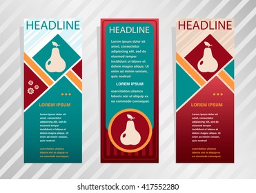 Pear with leaf sign icon on vertical banner. Modern abstract flyer, banner, brochure design template.