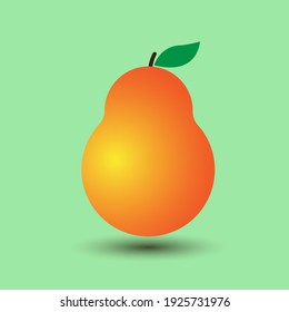 Pear with leaf sign icon. Yellow-orange gradient.Vector illustration.Summer juicy garden fruit with shadow on mint background. For logos,web designs and others.