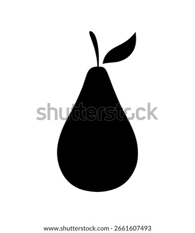 Pear with a leaf, simple black silhouette isolated on a white background, graphic vector illustration, flat design. Delicious fresh fruit, icon, logo for decoration, design, cover, label