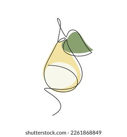 Pear with leaf vector. Line continuous hand drawn illustration. Garden fruit outline icon, linear silhouette. Minimal design, print, banner, card, brochure, logo, menu.