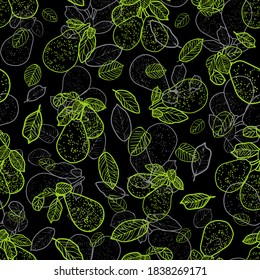 Pear and leafs green and gray outline, sketch, handmade, over black background seamless pattern