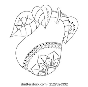 Pear with leaves and a doodle pattern. Black outline drawing on a white background. Coloring book for children. Decorative element for design