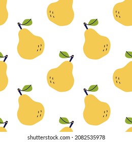 Pear with leaves. Fruit seamless pattern. Hand drawn vector illustration. Sweet natural food. 