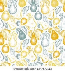 Pear with leaves seamless pattern. Hand drawn vector garden fruit illustration. Engraved style fruit design. Vintage botanical background.