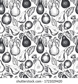 Pear with leaves seamless pattern. Hand drawn vector garden fruit illustration. Engraved style fruit design. Retro botanical background.