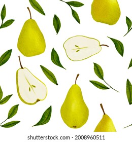 Pear and leaves seamless pattern isolated on white background 