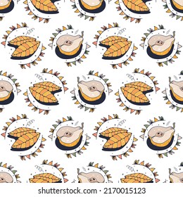 Pear and Leaves. Seamless pattern on a white background. Cute vector illustration.