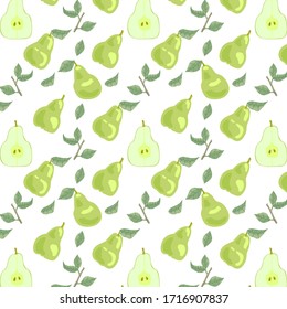 Pear with leaves. Vector pattern with pear