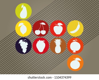 pear lemon cherry apple banana grape strawberry pineapple pomegranate orange.
the outline of the logos is of the color of the fruitfruit logos like: pear lemon cherry apple banana grape strawberry pin