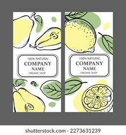 PEAR LEMON LABELS Vertical Stickers Design For Shop Of Tropical Organic Natural Fresh Juicy Fruits And Dessert Drinks In Sketch Style Vector Illustration Set
