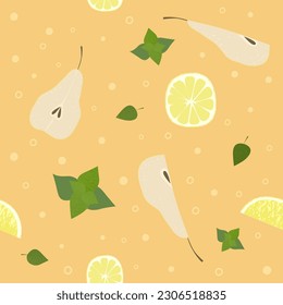 Pear lemon mint lemonade. pattern. Summer fruits textured. Hand drawn organic vector illustration