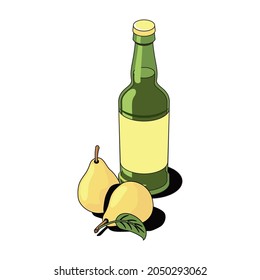 Pear lemonade, cider bottle. Vector 3d sketch line isometric, color icon illustration, flat style. Creative design idea and elements for infographics and website.