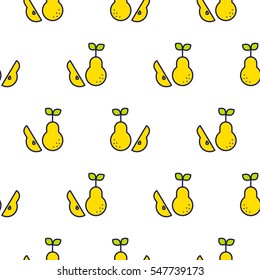 Pear line icon seamless vector pattern. Fruit outline tileable white and yellow background.