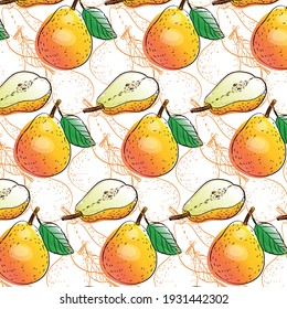 Pear in lines on a white background. Seamless pattern 