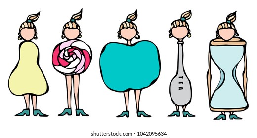 Pear, Lollipop, Apple, Spoon, Hourglass Women Body Type Figure Shape Sketch. Hand Drawn Vector Illustration. Caricature. Savoyar Doodle Style.