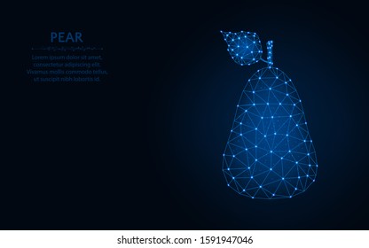 Pear low poly design, Fruit wireframe mesh polygonal vector illustration made from points and lines on dark blue background