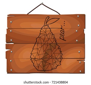 pear low poly. outline pear vector icon on wooden plank background.