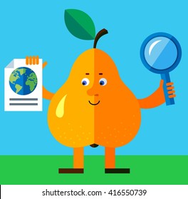 Pear with magnifier glass and earth icon. Global search. Flat style vector illustration. Funny cartoon character for agriculture or food design