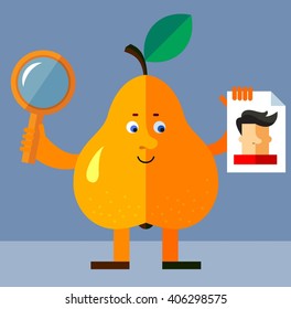 Pear with magnifier glass and person photo. Searching. Flat style vector illustration. Funny cartoon character for agriculture or food design
